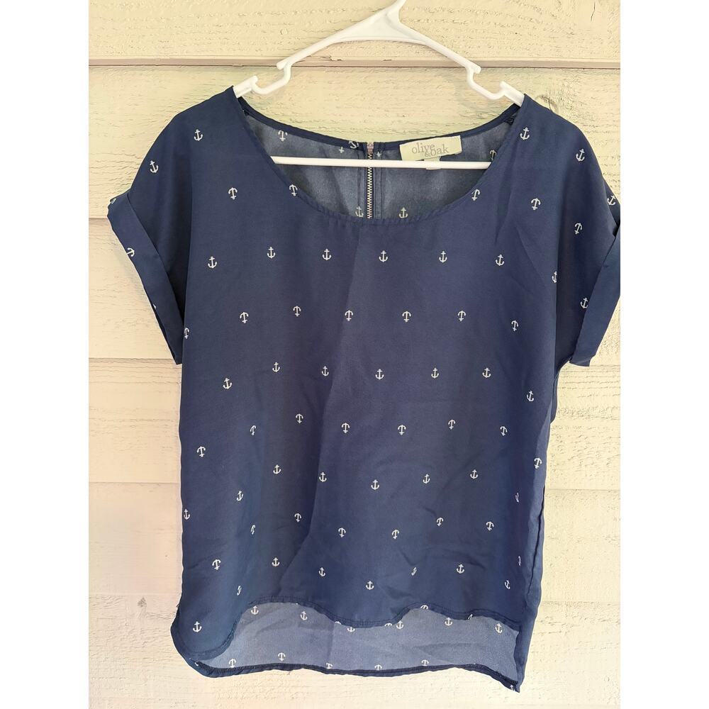 Olive & Oak Navy Anchor Print Blouse Size Medium Nautical Short Sleeve Top - Picture 2 of 8